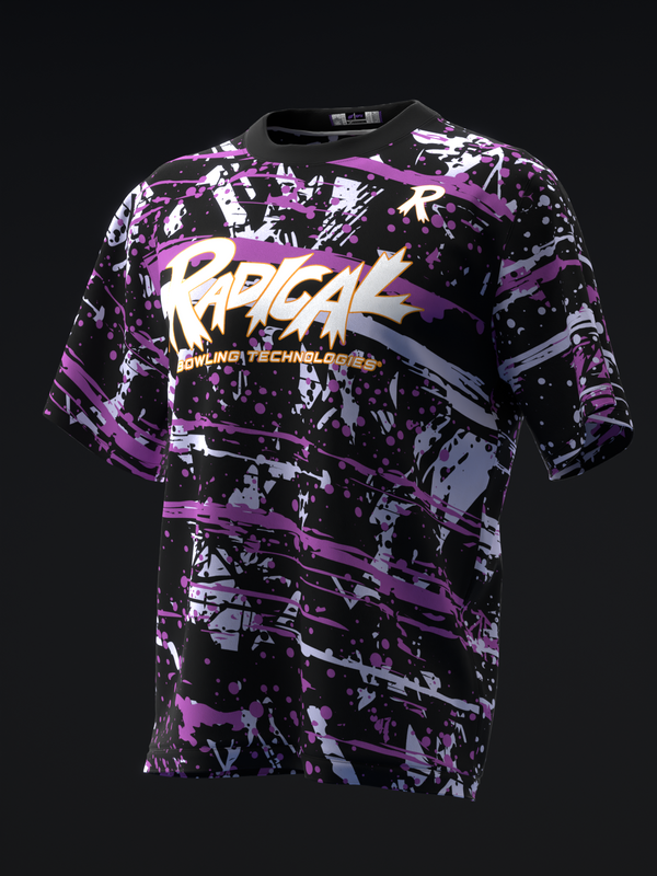 Black bowling jersey with purple and white splatter paint design and Radical logo