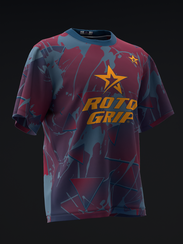 Maroon and blue bowling jersey with geometric pattern and gold Roto Grip star logo