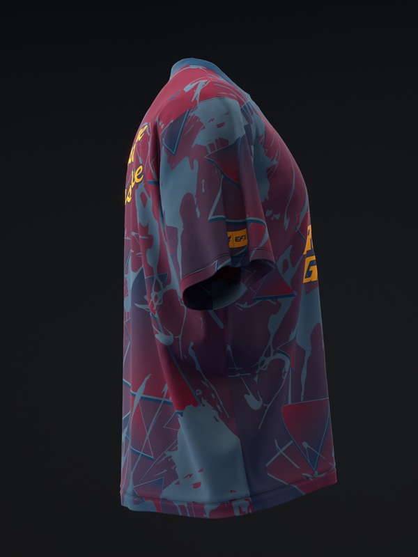 Burgundy and gray bowling jersey with abstract geometric pattern and yellow accents, side view