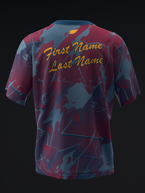 Burgundy and slate blue bowling jersey with geometric pattern and gold name text