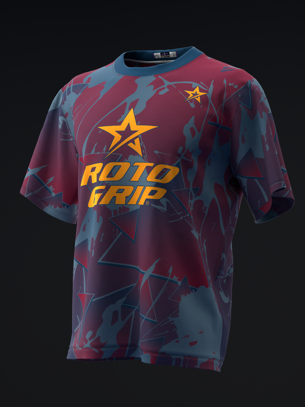 Maroon bowling jersey with blue geometric pattern and yellow Roto Grip star logo, front view