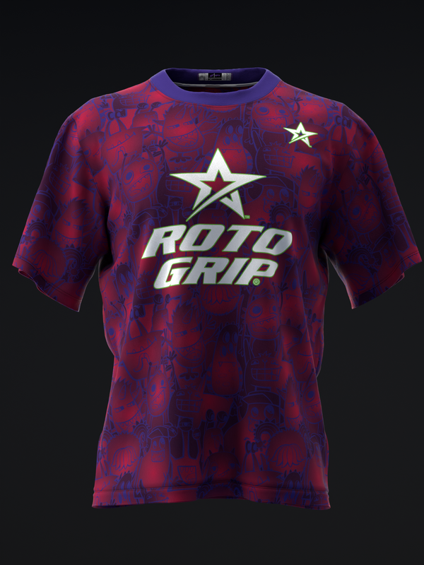 Red and purple camouflage bowling jersey with white Roto Grip star logo, front view