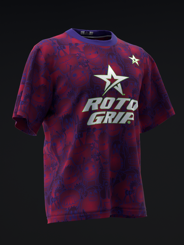Red and purple tie-dye bowling jersey with Roto Grip star logo, front view