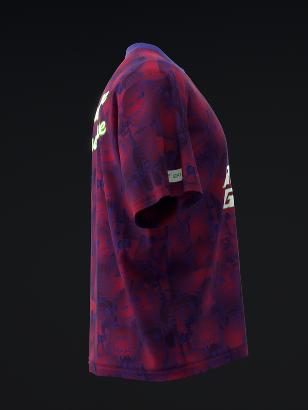 Red and blue bowling jersey with all-over gremlin graphic pattern, side view