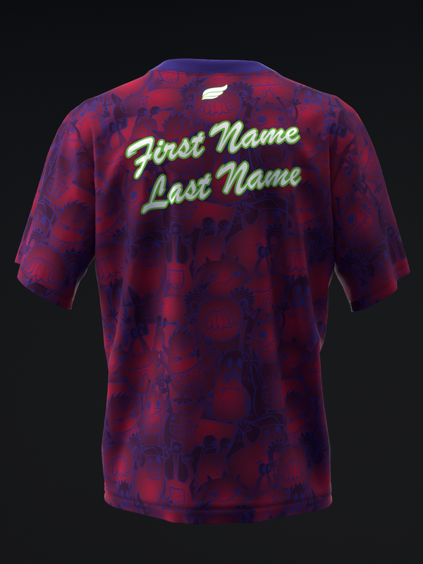 Red and blue patterned bowling jersey with personalized script text on back