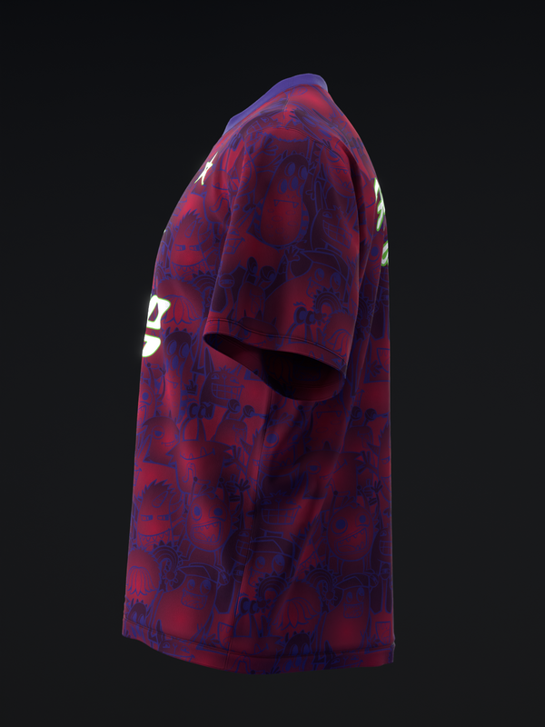Red and blue bowling jersey with abstract geometric pattern, side view