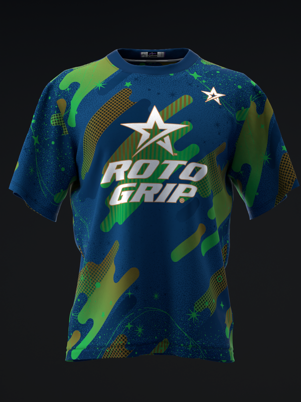 Blue bowling jersey with green and gold abstract pattern and Roto Grip logo