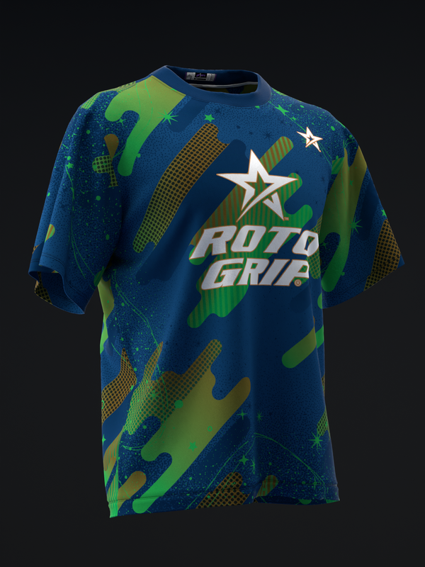 Blue bowling jersey with lime green and gold geometric pattern and star logo
