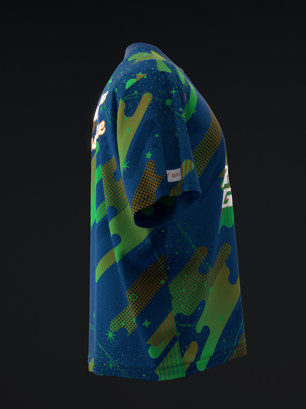 Navy bowling jersey with lime green and gold geometric pattern and checkered design