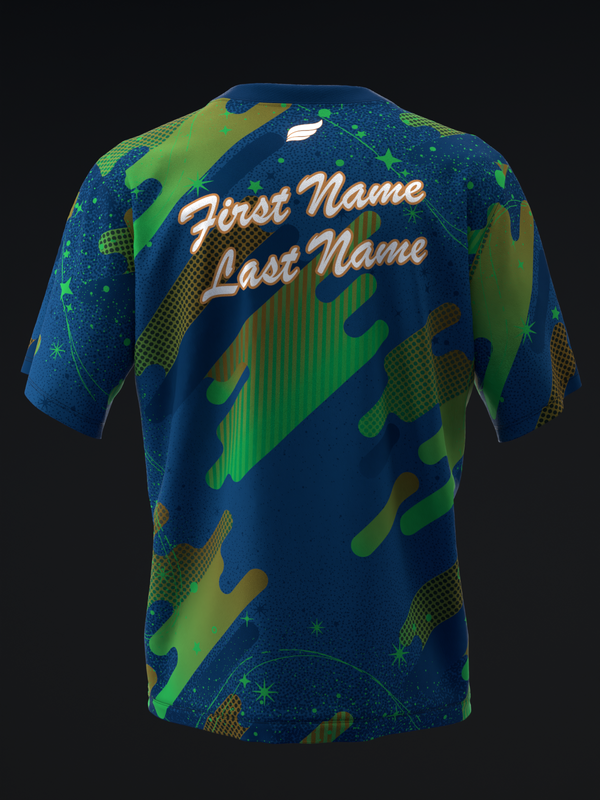 Dark blue bowling jersey back view with lime green and gold abstract design