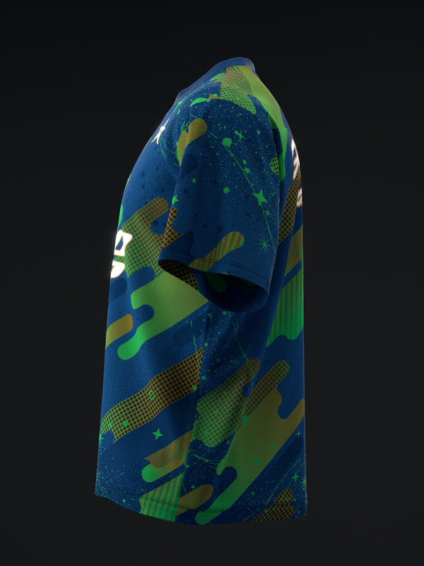 Navy blue bowling jersey with lime green and gold geometric patterns and dots