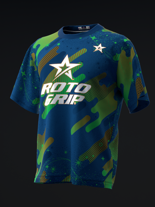 Blue bowling jersey with lime green and gold accents, star logo, and Roto Grip text