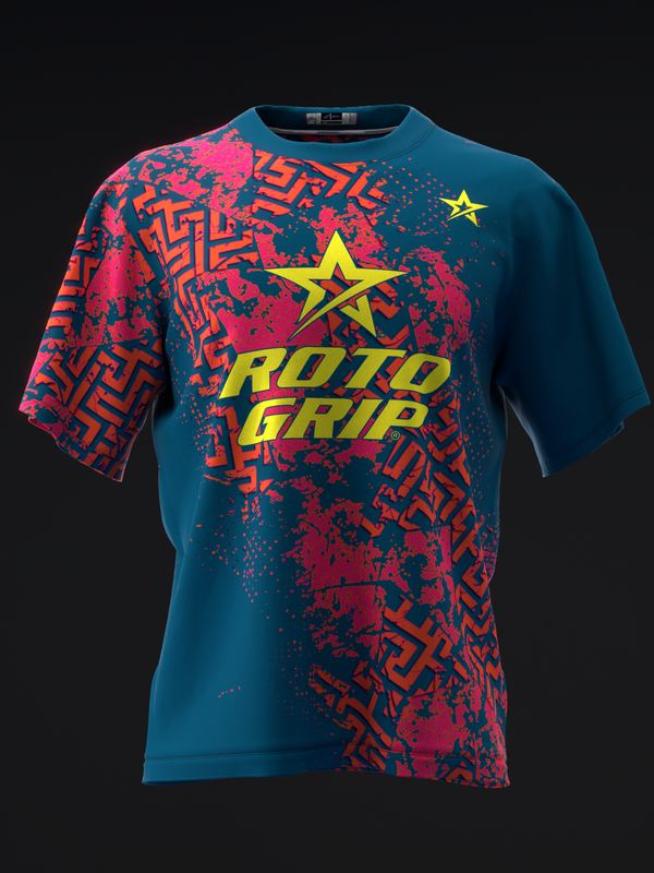 Teal bowling jersey with bold pink, red, and orange geometric pattern and yellow star graphic