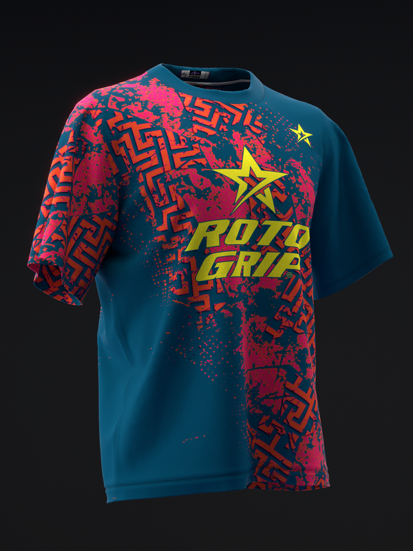 Teal bowling jersey with red geometric pattern and yellow star graphic