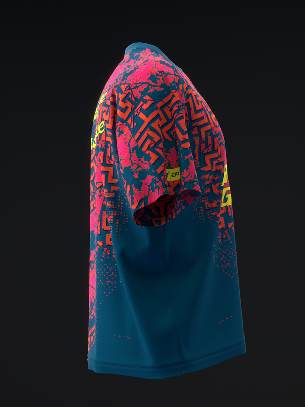 Bowling jersey with teal body and red geometric pattern on sleeves, side view