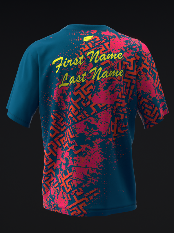 Bowling jersey back view, teal and red geometric pattern with yellow name text