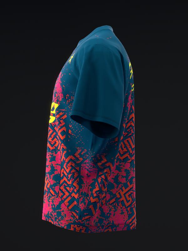 Teal bowling jersey with red and yellow geometric pattern on sleeves, side view