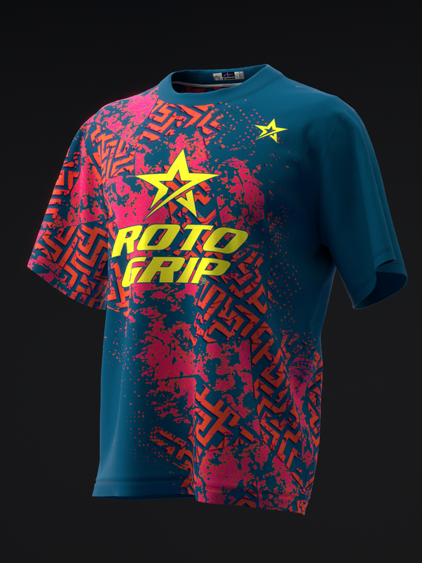 Teal bowling jersey with pink and orange geometric pattern and yellow Roto Grip text