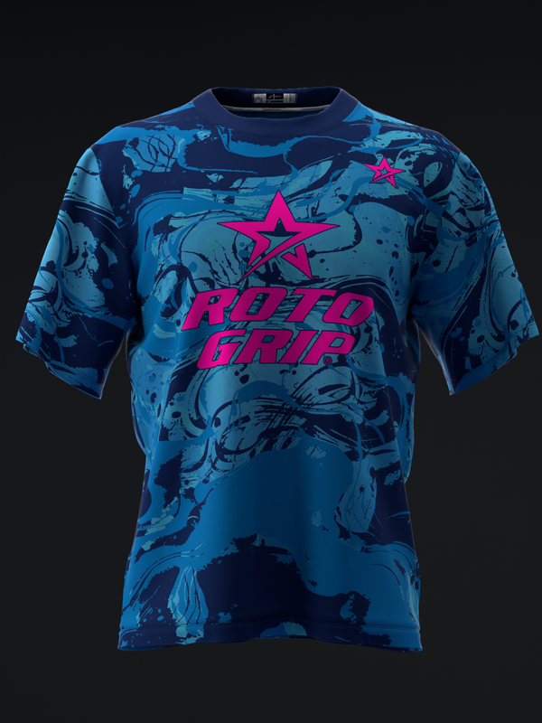 Front view of blue bowling jersey with magenta star and Roto Grip text graphic
