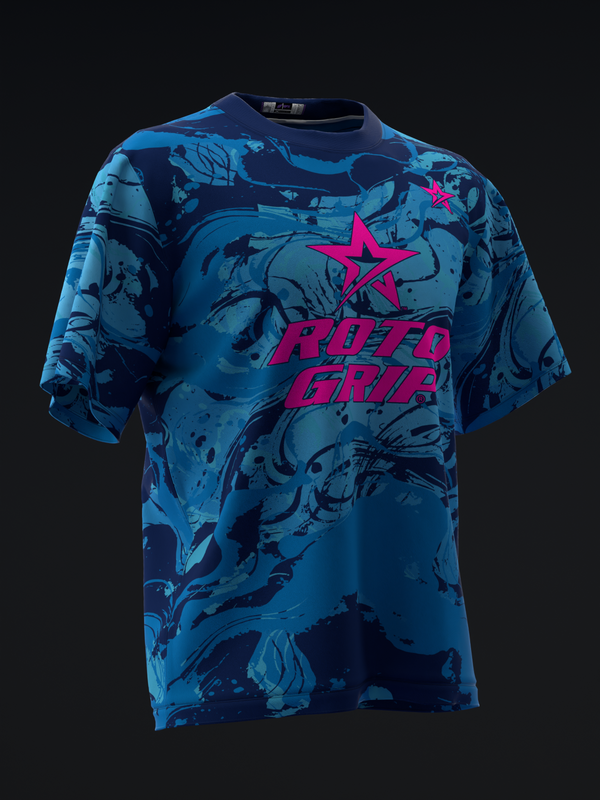 Blue bowling jersey with abstract swirl pattern and magenta Roto Grip logo, front view