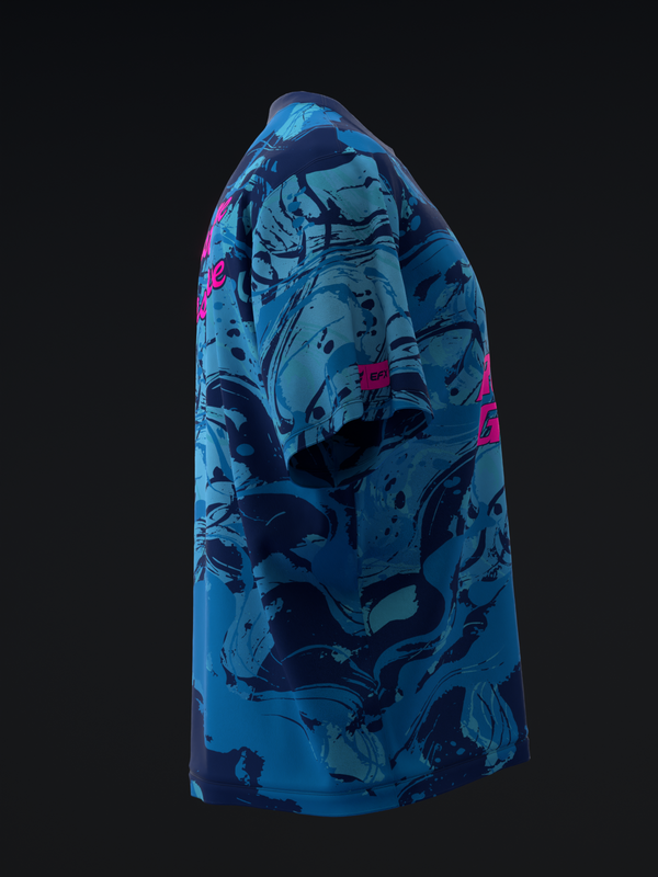 Blue bowling jersey with abstract dark and neon pink graphic pattern, front view