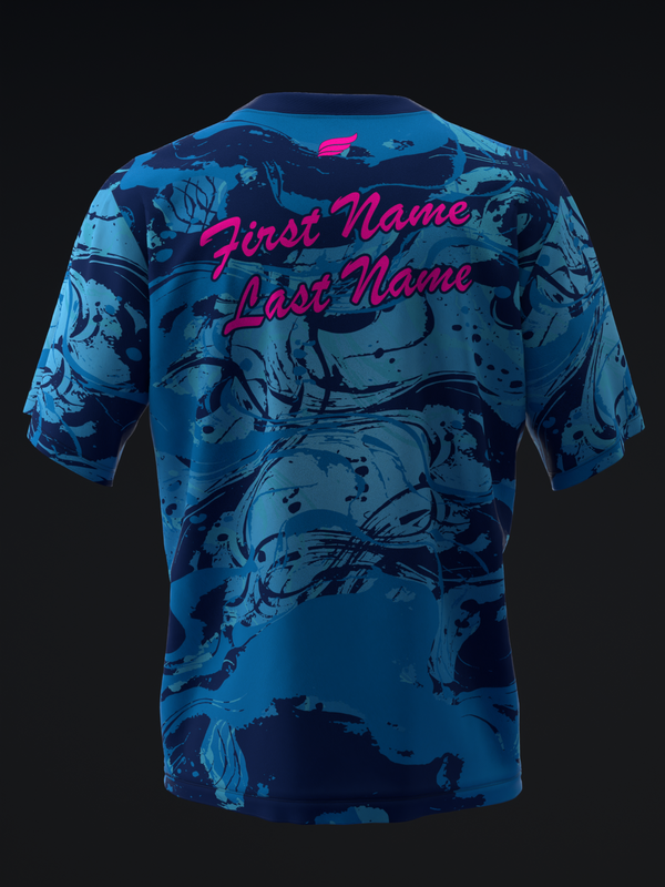 Blue bowling jersey with dark abstract swirl pattern and magenta text back view