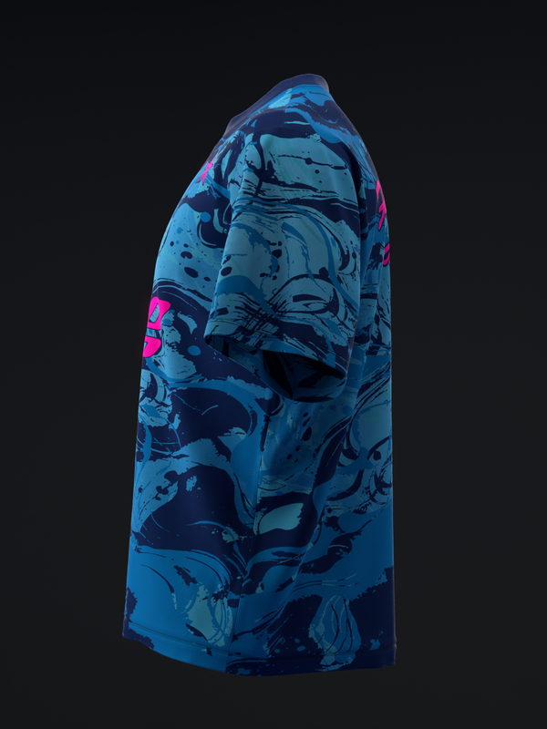 Blue bowling jersey with abstract swirl graphic and neon pink accents, side view