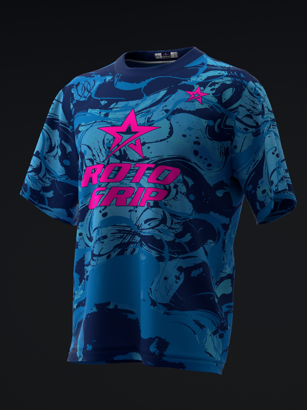 Blue bowling jersey with abstract splatter pattern and hot pink Roto Grip logo, front view