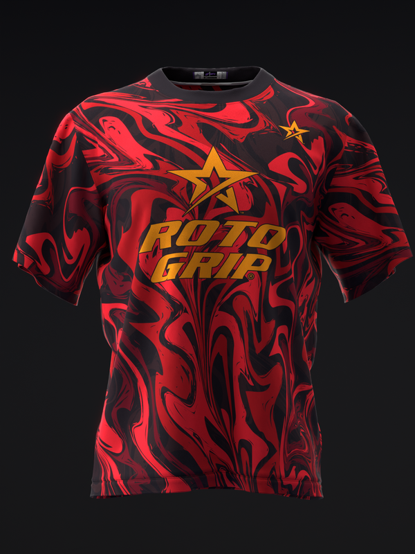 Red and black swirl bowling jersey with gold star and text graphic, front view
