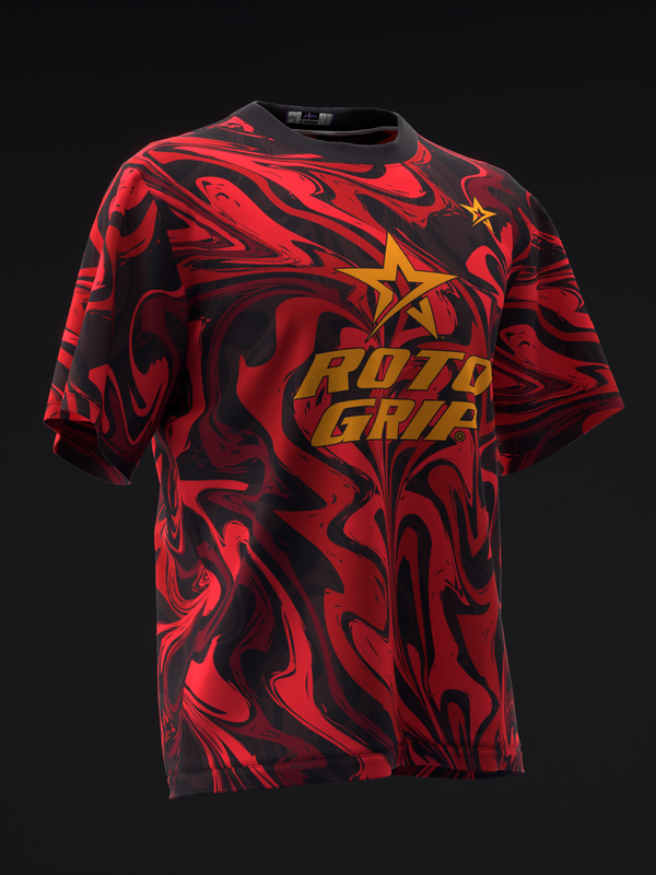 Red and black marble pattern bowling jersey with gold star and Roto Grip logo, front view