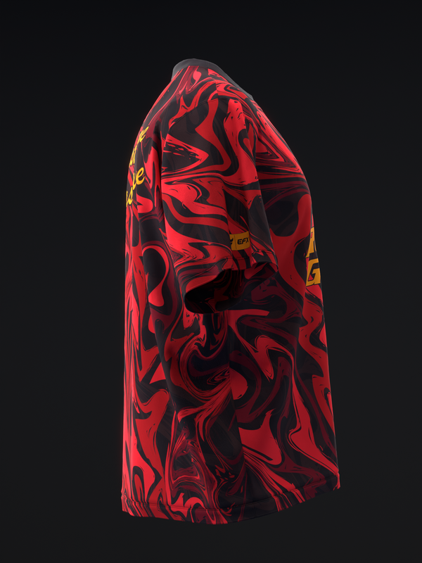 Red and black swirled bowling jersey with yellow accents, side view