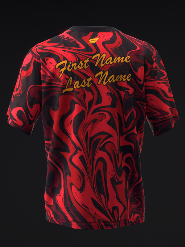 Red and black swirled bowling jersey with personalized gold text on back