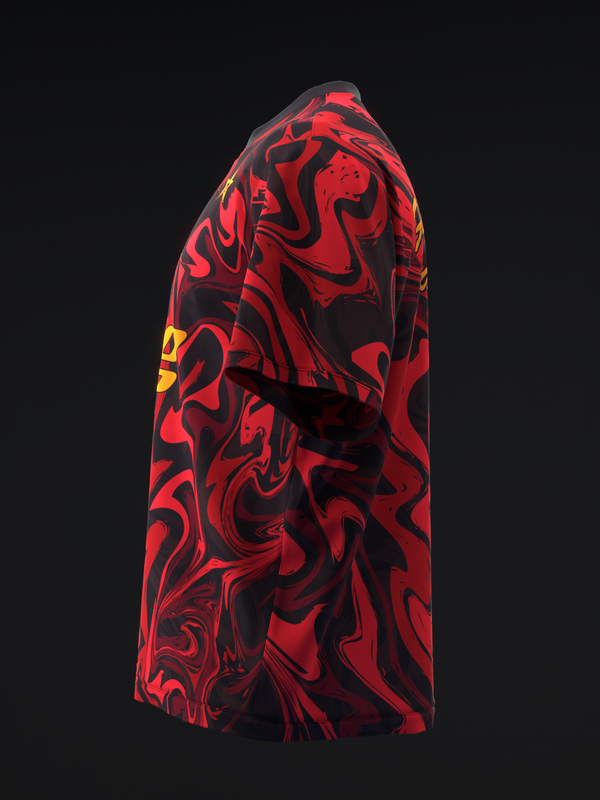 Red and black swirled bowling jersey with yellow accent stripe, side view