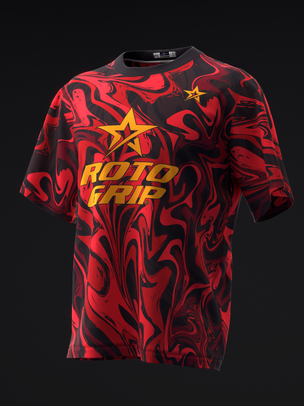 Red and black swirled bowling jersey with yellow Roto Grip text and star graphic