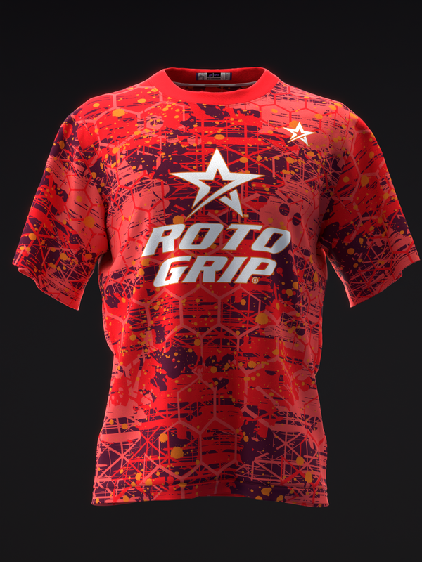 Red bowling jersey with Roto Grip logo and abstract geometric pattern design, front view