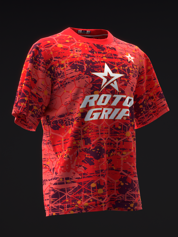 Red bowling jersey with abstract geometric pattern and white star logo and text