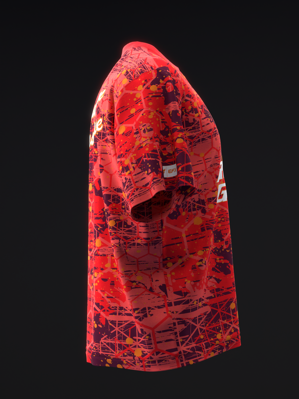 Red bowling jersey with abstract line and splatter pattern design, side view