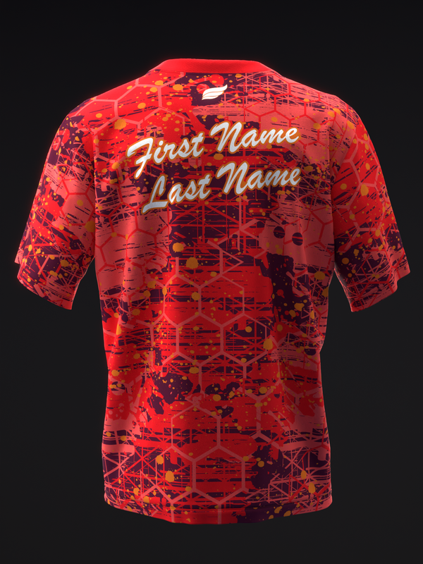 Red bowling jersey with abstract geometric pattern and personalized name text on back
