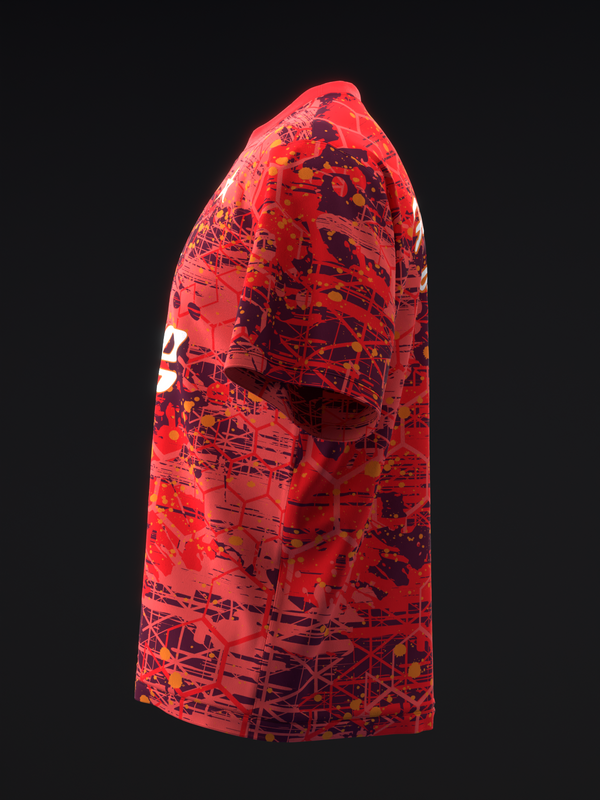 Red bowling jersey with abstract dark red and yellow geometric pattern, side view