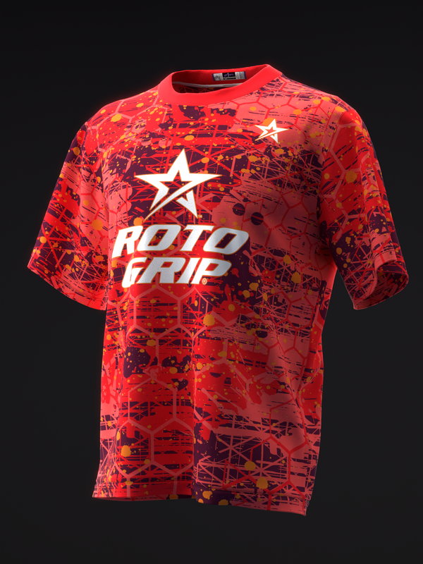Red bowling jersey with white star and Roto Grip text graphic, front view