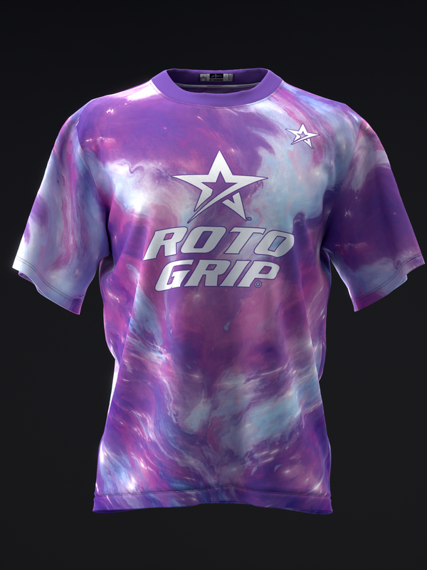 Purple tie-dye bowling jersey with Roto Grip star logo and text, front view