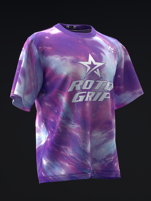 Purple tie-dye bowling jersey with star logo and Roto Grip text