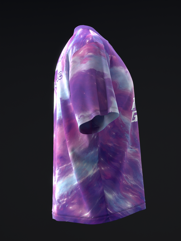 Purple and white tie-dye bowling jersey displayed on side view against black background