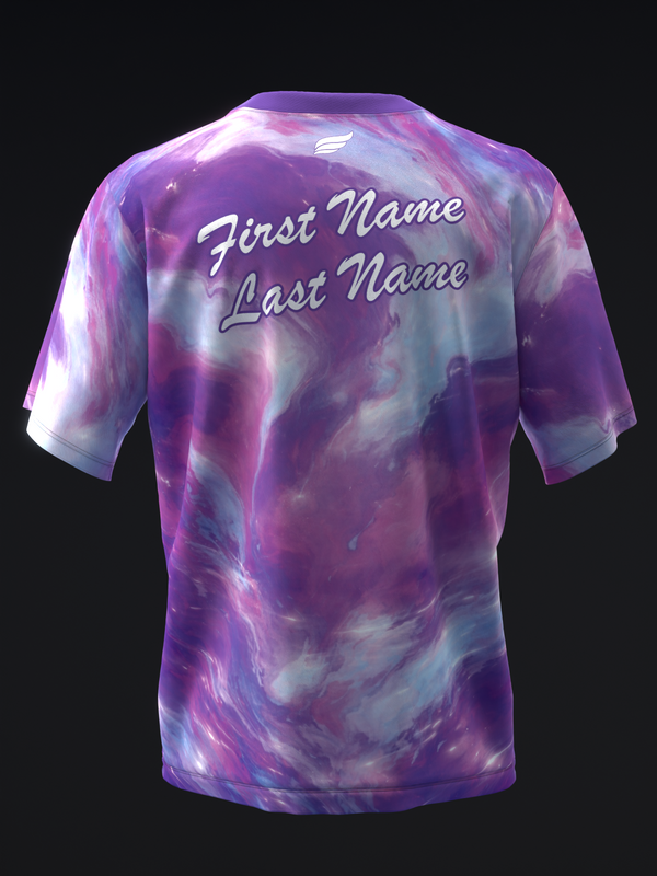 Purple tie-dye bowling jersey with personalized name text on back