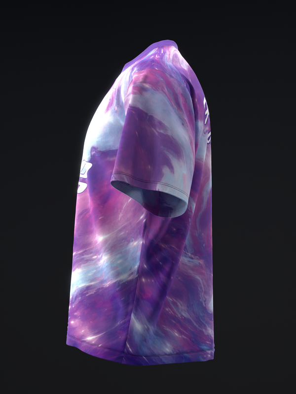Purple tie-dye bowling jersey with abstract swirl pattern, side view