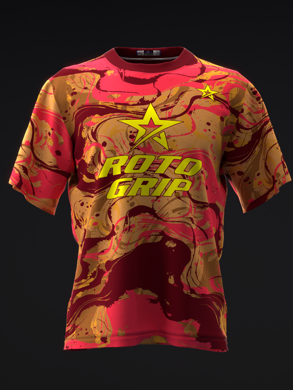 Red and gold marbled bowling jersey with yellow star and Roto Grip logo