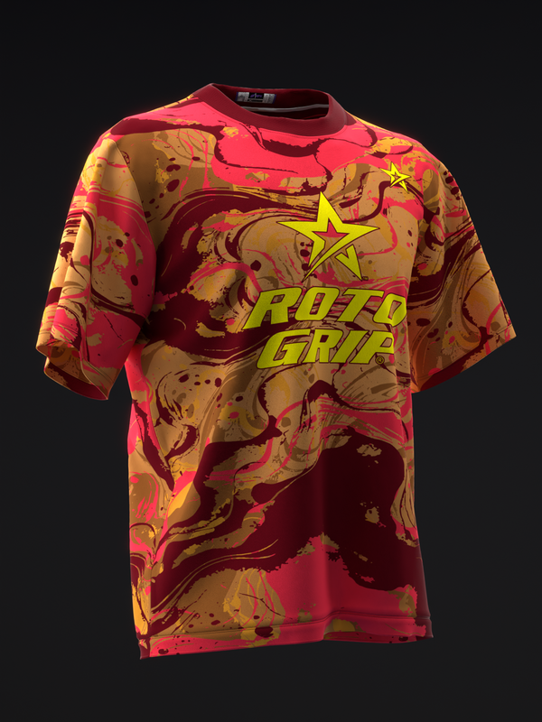 Red and gold marble print bowling jersey with yellow Roto Grip text graphic