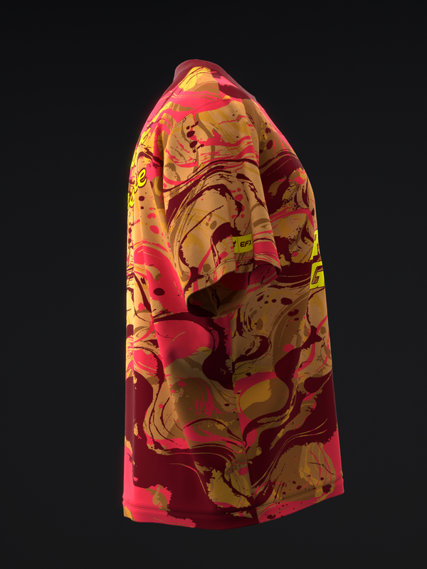 Bowling jersey with red, gold, and brown abstract swirl pattern, back view