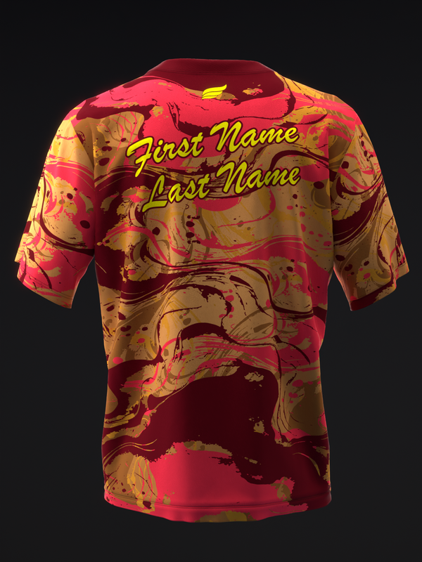 Red and gold bowling jersey with abstract swirl pattern and personalization text