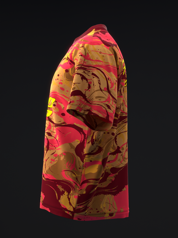 Pink and gold bowling jersey with abstract swirl graphic design, side view